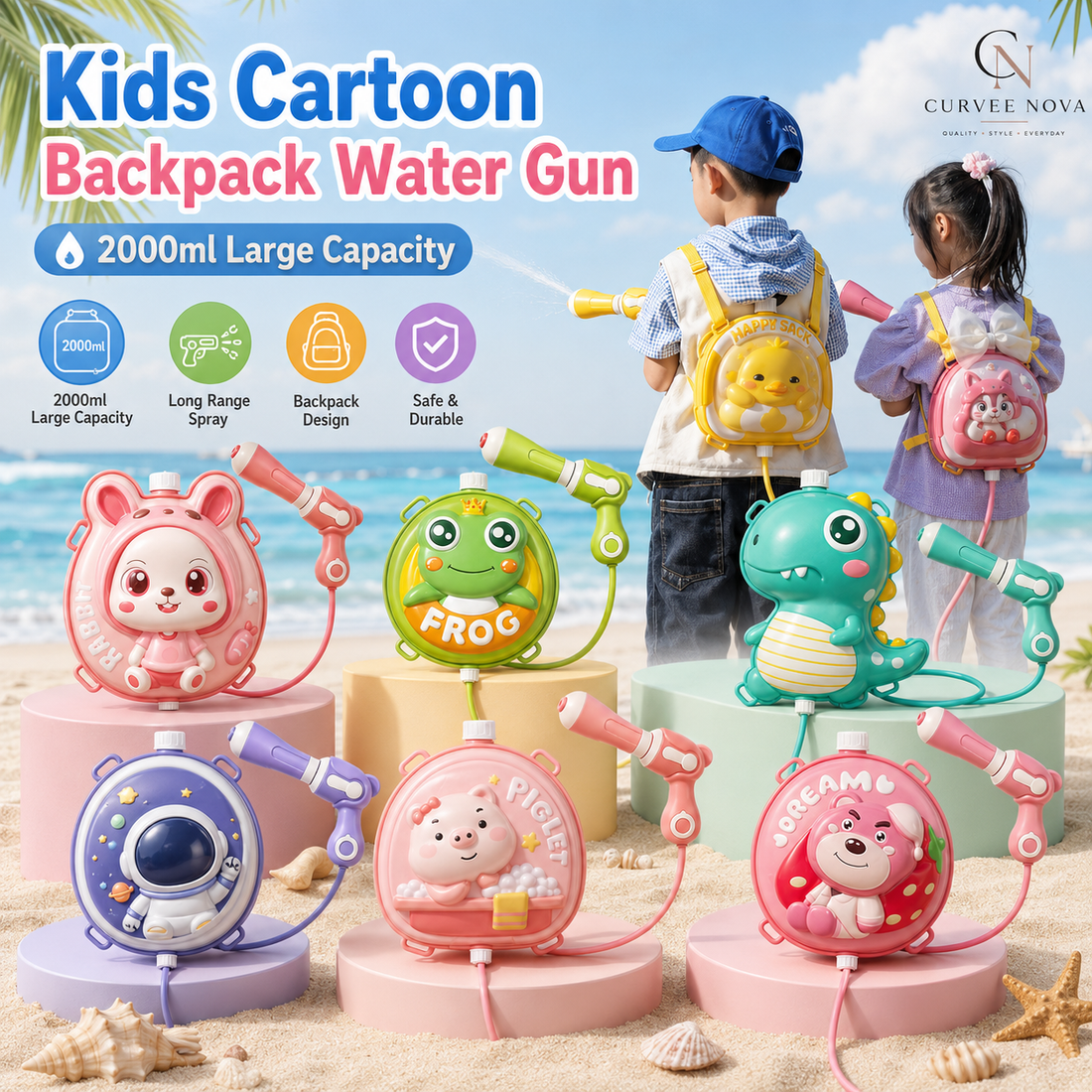 Curvee Nova Kids Cartoon Backpack Water Gun 2000ml hero image with all styles