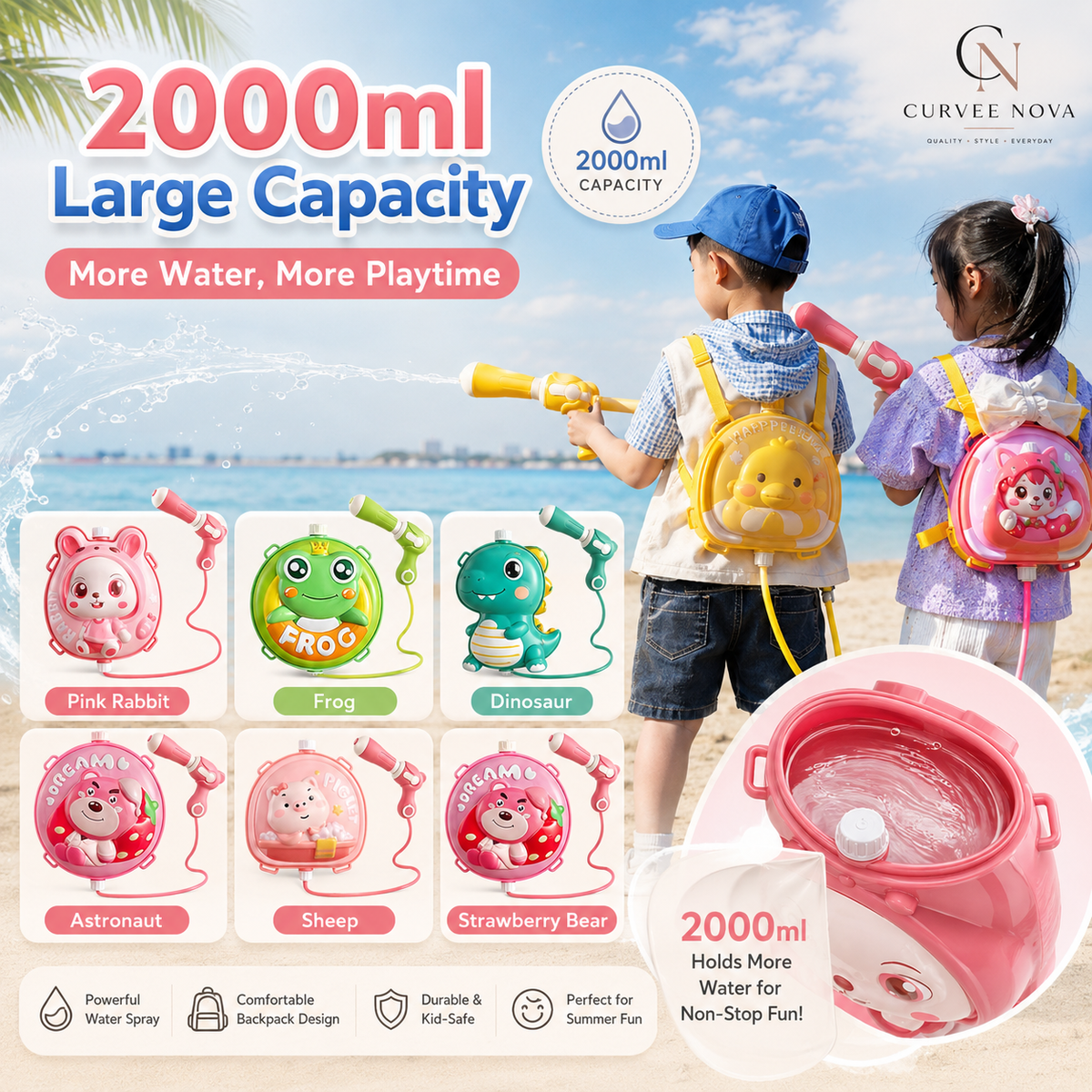 2000ml large capacity feature image for Curvee Nova kids backpack water gun
