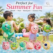 Perfect for summer fun lifestyle image for Curvee Nova kids backpack water gun